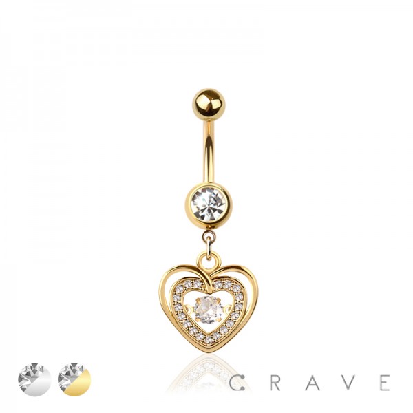 316L SURGICAL STEEL MULTI CZ HEART BEZEL CENTER DANGLE BELLY BUTTON NAVEL RING 